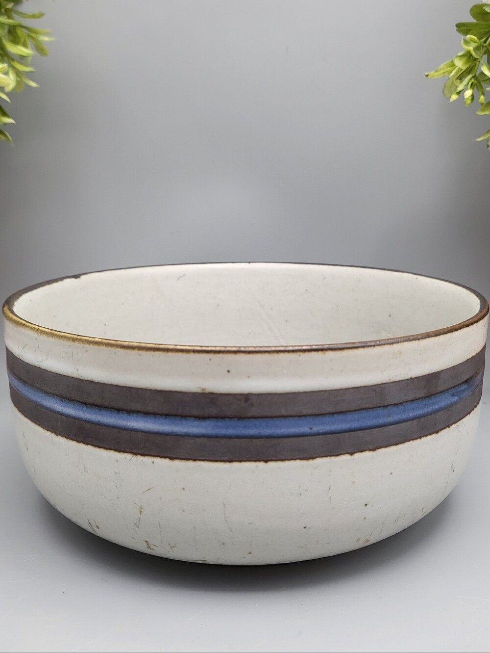 Otagiri Ceramic Bowl - Gray w/ Blue Stripes - Horrizon Handcrafted Stoneware Lrg
